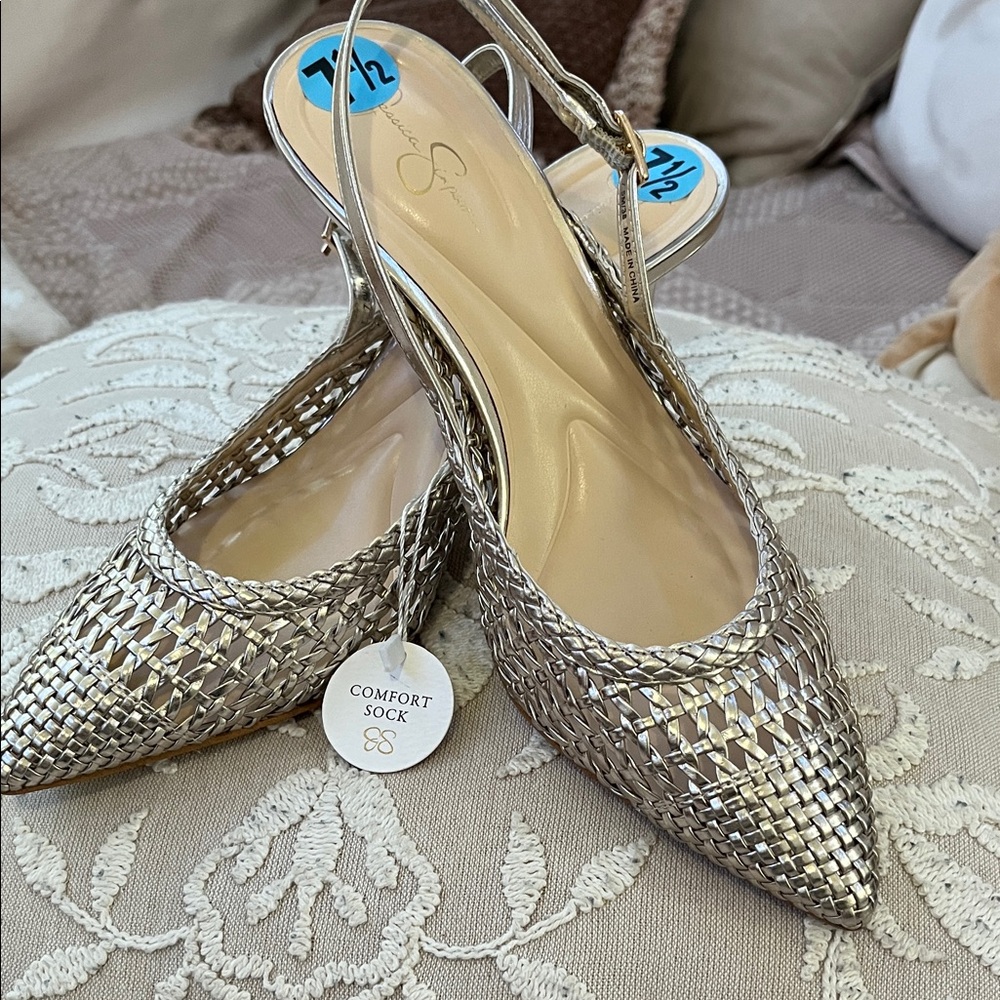 Silver Slingback Woven Heels